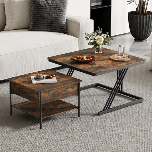 Rustic square coffee table set of 2 nested together, brown wood-effect tops with black Z-frame and lift-top table beside a cream sofa