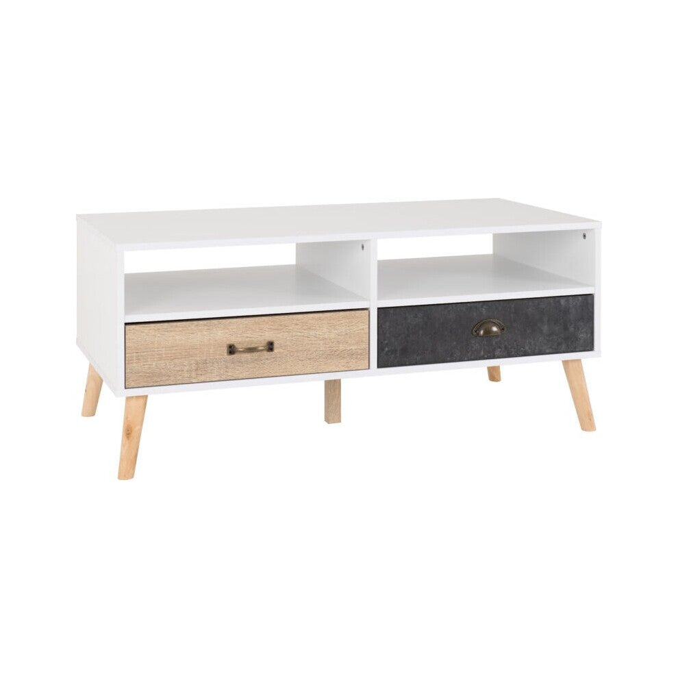 Scandi white and wood coffee table with oak and concrete effect drawers, open shelves and splayed legs