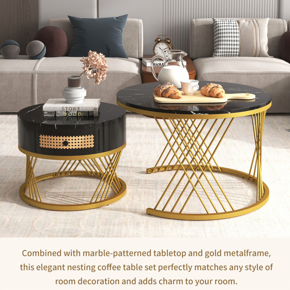 Set of 2 black marble-effect round coffee tables with gold criss-cross frames in a living room