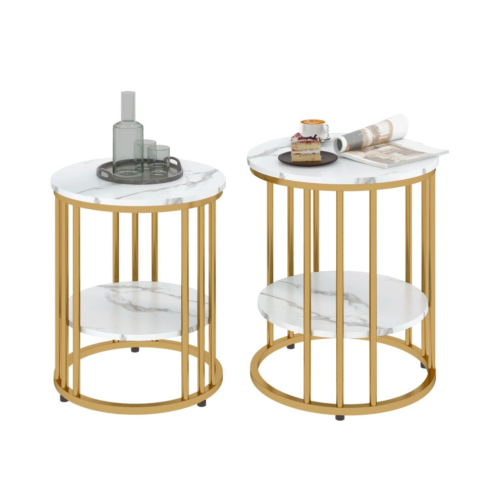 Set of 2 white marble-effect side tables with gold rod frames and lower shelves