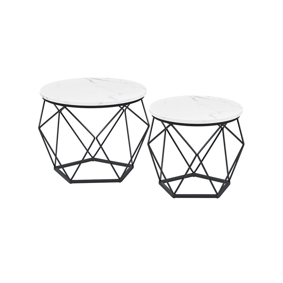 Set of 2 white round coffee tables with black pentagon wire frames
