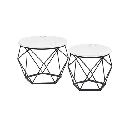 Set of 2 white round coffee tables with black pentagon wire frames