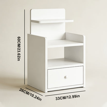 Slim white bedside table dimensions in cm: 33cm wide, 26cm deep and 60cm high