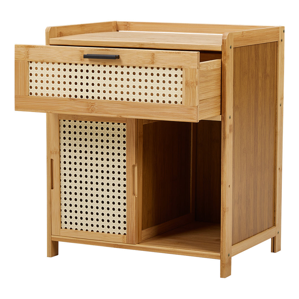 Small bedside table with the top drawer pulled open showing rattan-effect front