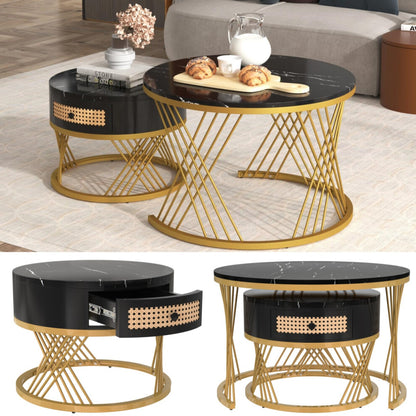 Small black round coffee table with rattan-front drawer open on metal slides