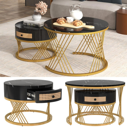 Small black round coffee table with rattan-front drawer open on metal slides