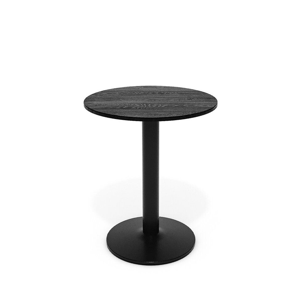 Small black round table with charcoal wood-grain top and matt black pedestal base on a white background
