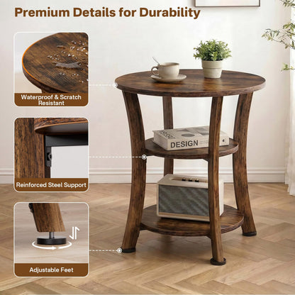 Detail views of small coffee table showing top surface, steel bracket and adjustable levelling feet