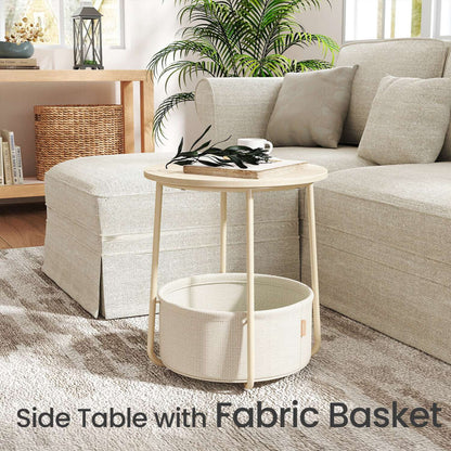 Small coffee table with storage, round light wood effect top and removable fabric basket beside a linen sofa