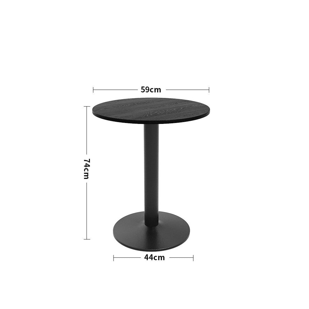 Small round black pedestal table dimensions: 59cm top diameter, 74cm height and 44cm base