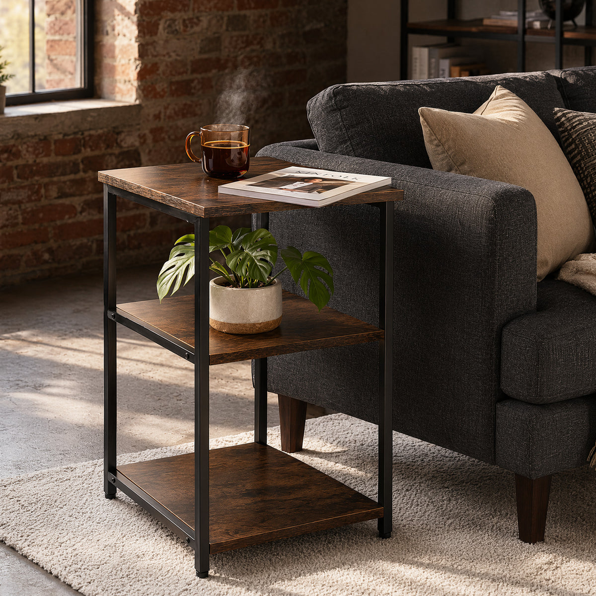 Small side table with three rustic brown shelves beside a dark grey sofa