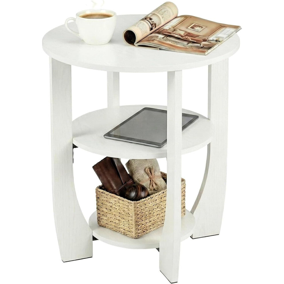 Small white coffee table with storage showing a tablet on the middle shelf and a woven basket below