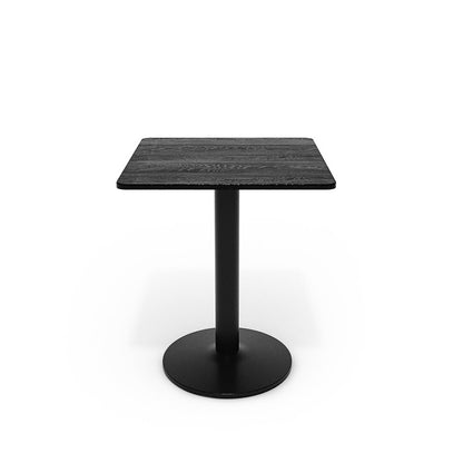 Square bistro table with black wood-grain top on a single black pedestal column, front view on white background