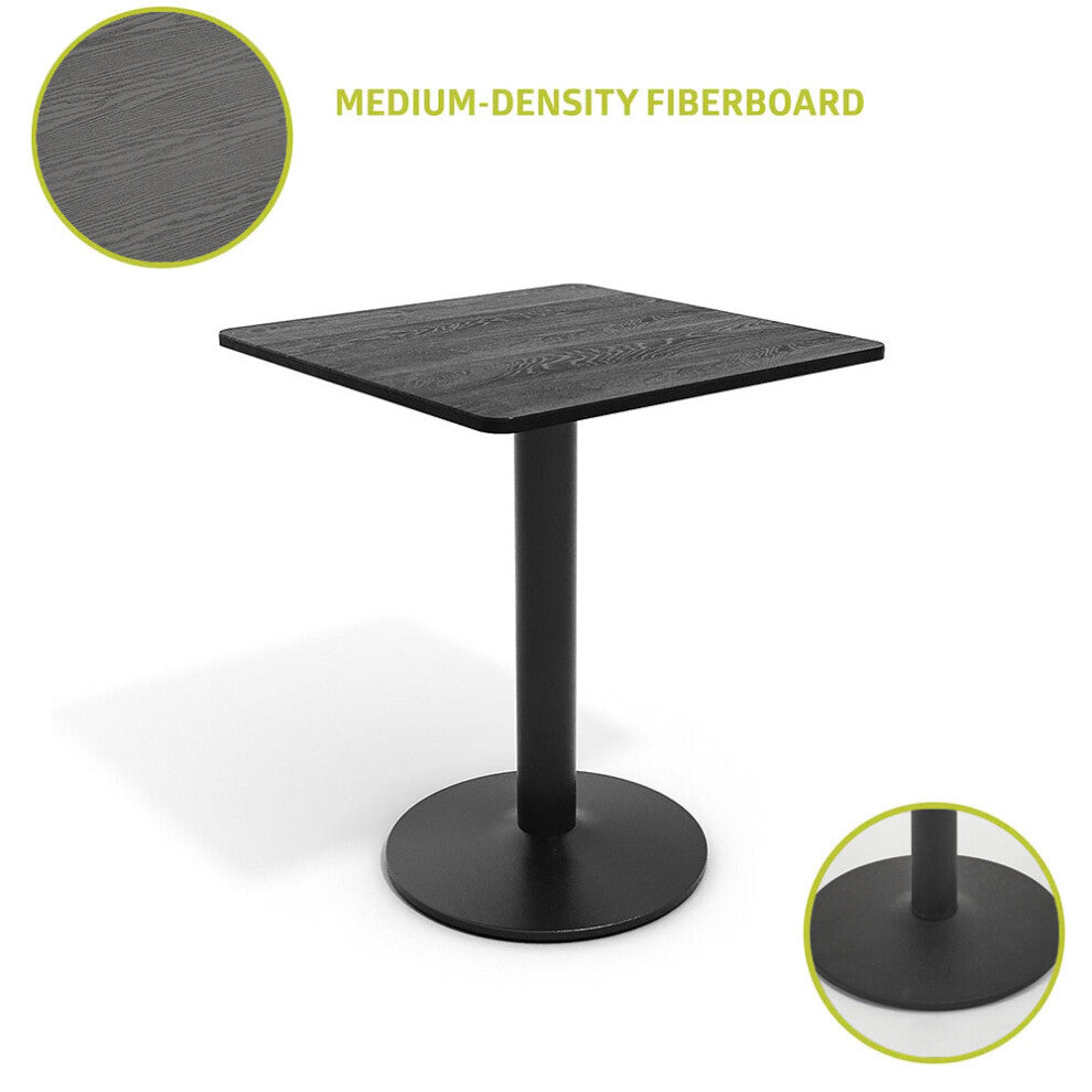 Square coffee shop table with medium-density fibreboard wood-grain top and close-up of the round metal foot