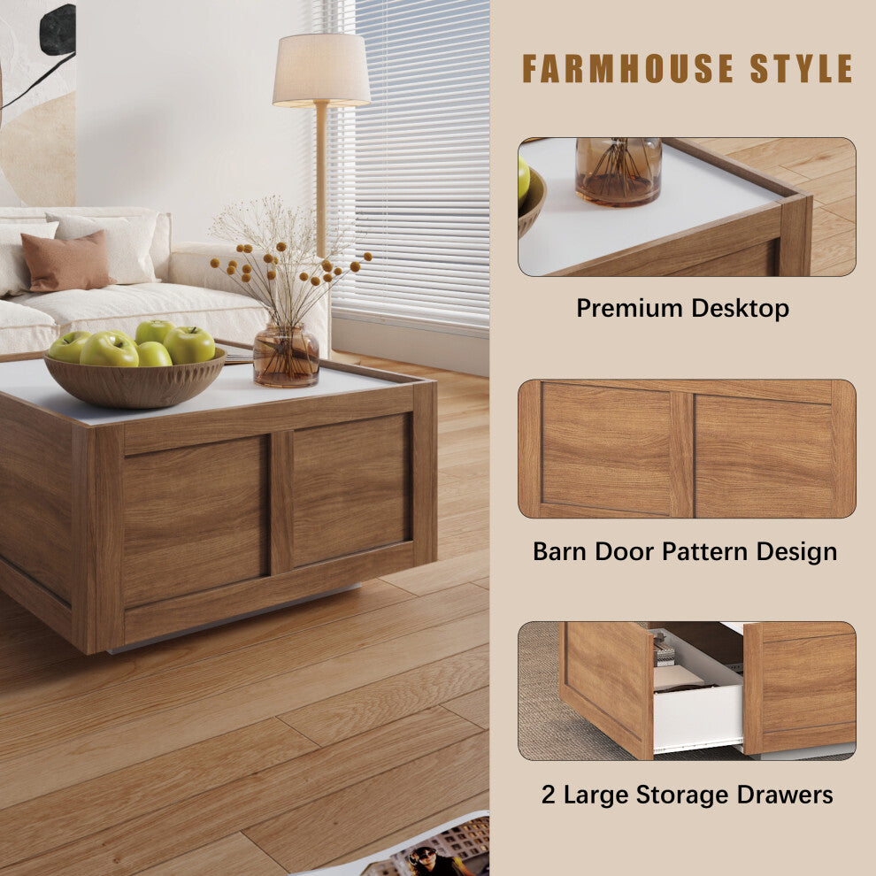 Top view of square coffee table storage drawers open with a throw and snacks