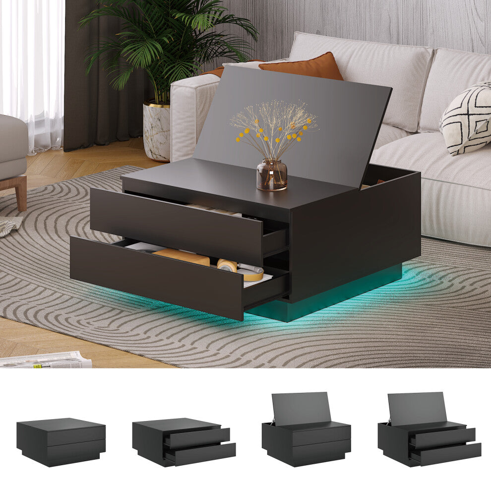 Black square coffee table with two front drawers open, lift-up lid raised and teal LED glow under the plinth in a living room