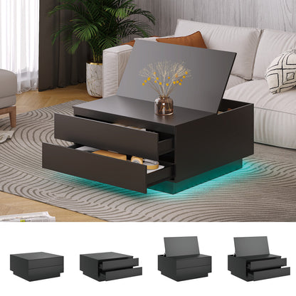 Black square coffee table with two front drawers open, lift-up lid raised and teal LED glow under the plinth in a living room