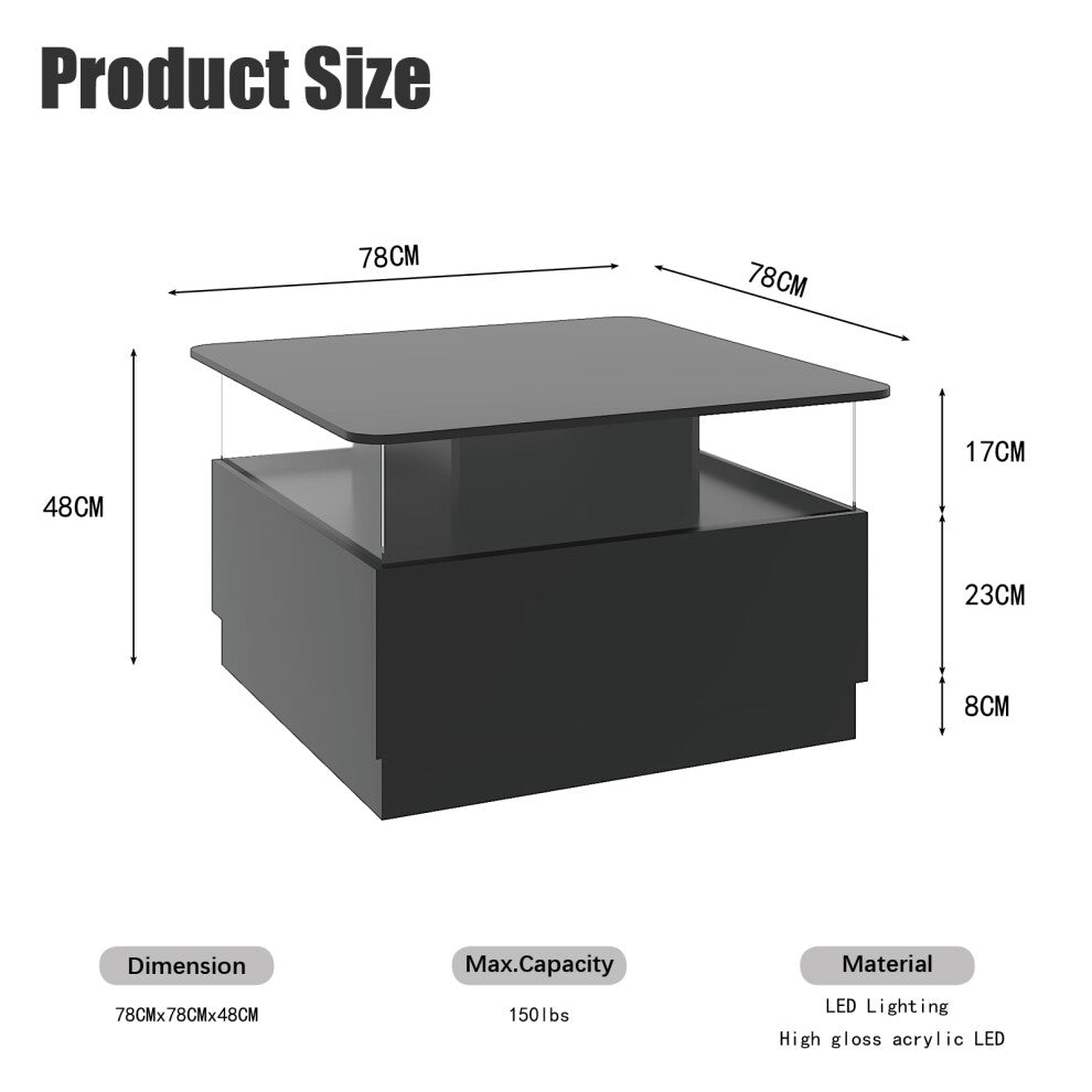 Square coffee table with storage dimensions: 78cm x 78cm x 48cm, 17cm display tier, 23cm drawer section, 8cm plinth