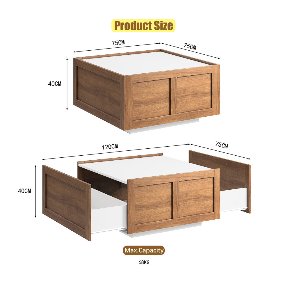 Dimensions of square coffee table with storage 75 x 75 x 40cm, 120cm with drawers open, 68kg capacity