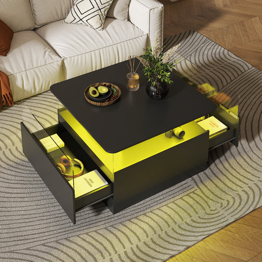 Black square coffee table with storage, both side drawers open and yellow LED-lit display shelf, viewed from above in a living room