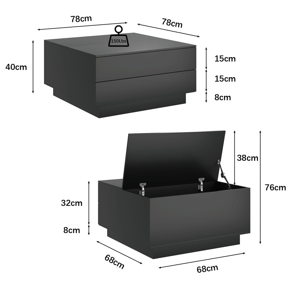 Square lift-top coffee table with drawers dimensions: 78cm x 78cm x 40cm closed, 76cm with lid open, 68cm inner body