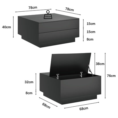 Square lift-top coffee table with drawers dimensions: 78cm x 78cm x 40cm closed, 76cm with lid open, 68cm inner body