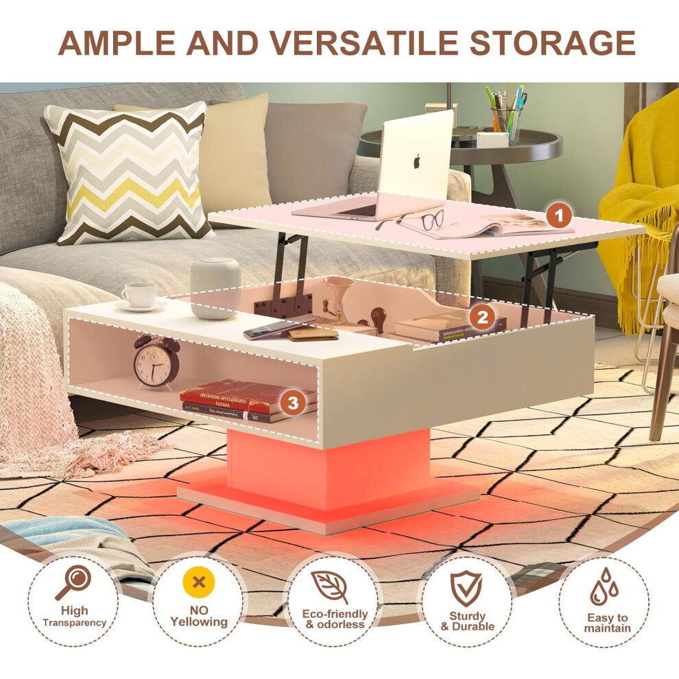 Square lift-top coffee table showing raised work surface, hidden compartment and open shelf with red LED base