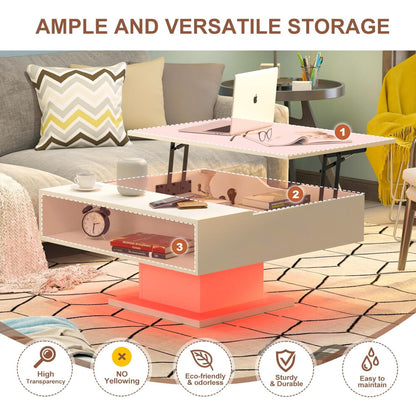 Square lift-top coffee table showing raised work surface, hidden compartment and open shelf with red LED base
