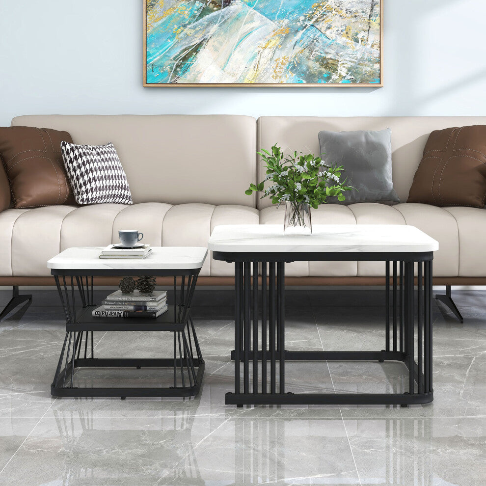 Square marble coffee table and smaller side table with black frames in a modern living room