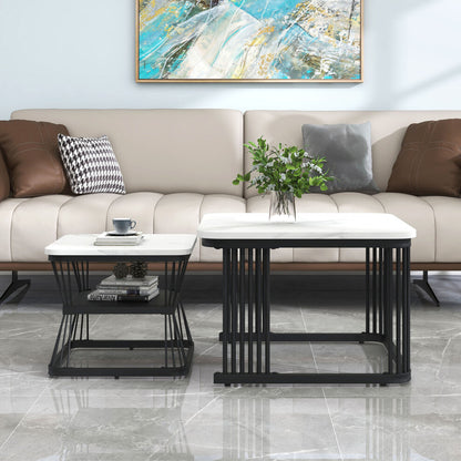 Square marble coffee table and smaller side table with black frames in a modern living room