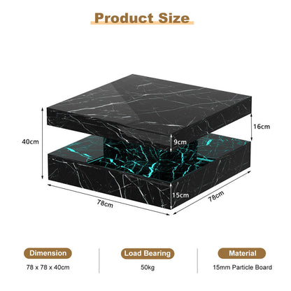 Square marble coffee table dimensions: 78cm x 78cm x 40cm with 50kg load and 15mm particle board