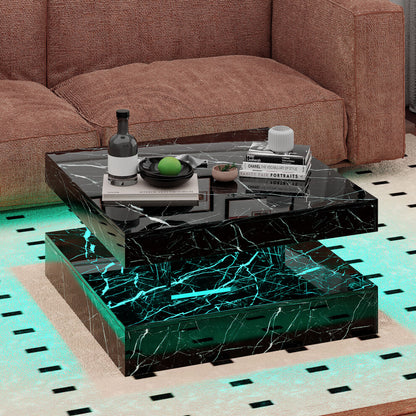 Square marble coffee table with LED lights, black marble effect two tiers and turquoise glow in front of a terracotta sofa