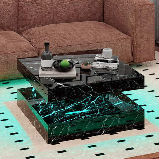 Square marble coffee table with LED lights, black marble effect two tiers and turquoise glow in front of a terracotta sofa