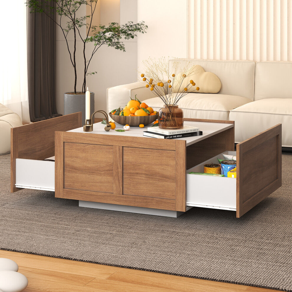 Square storage coffee table with both hidden side drawers open showing snacks and storage