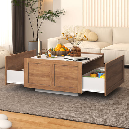 Square storage coffee table with both hidden side drawers open showing snacks and storage