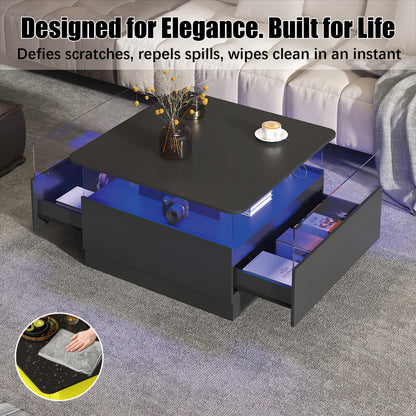 Square storage coffee table with blue LED lighting and drawers open, showing the wipe-clean black top
