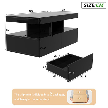 Dimensions of black storage coffee table 104 x 53 x 46cm with drawer sizes