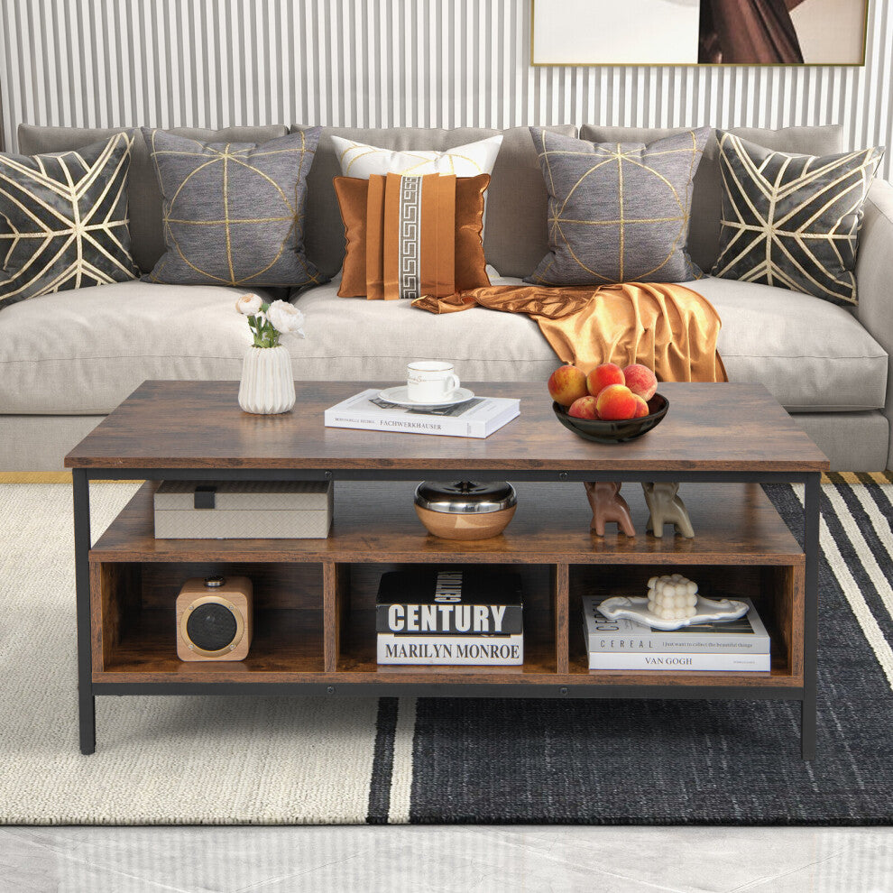 Storage coffee table with shelf and cube compartments in front of a grey sofa