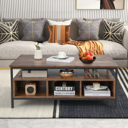 Storage coffee table with shelf and cube compartments in front of a grey sofa