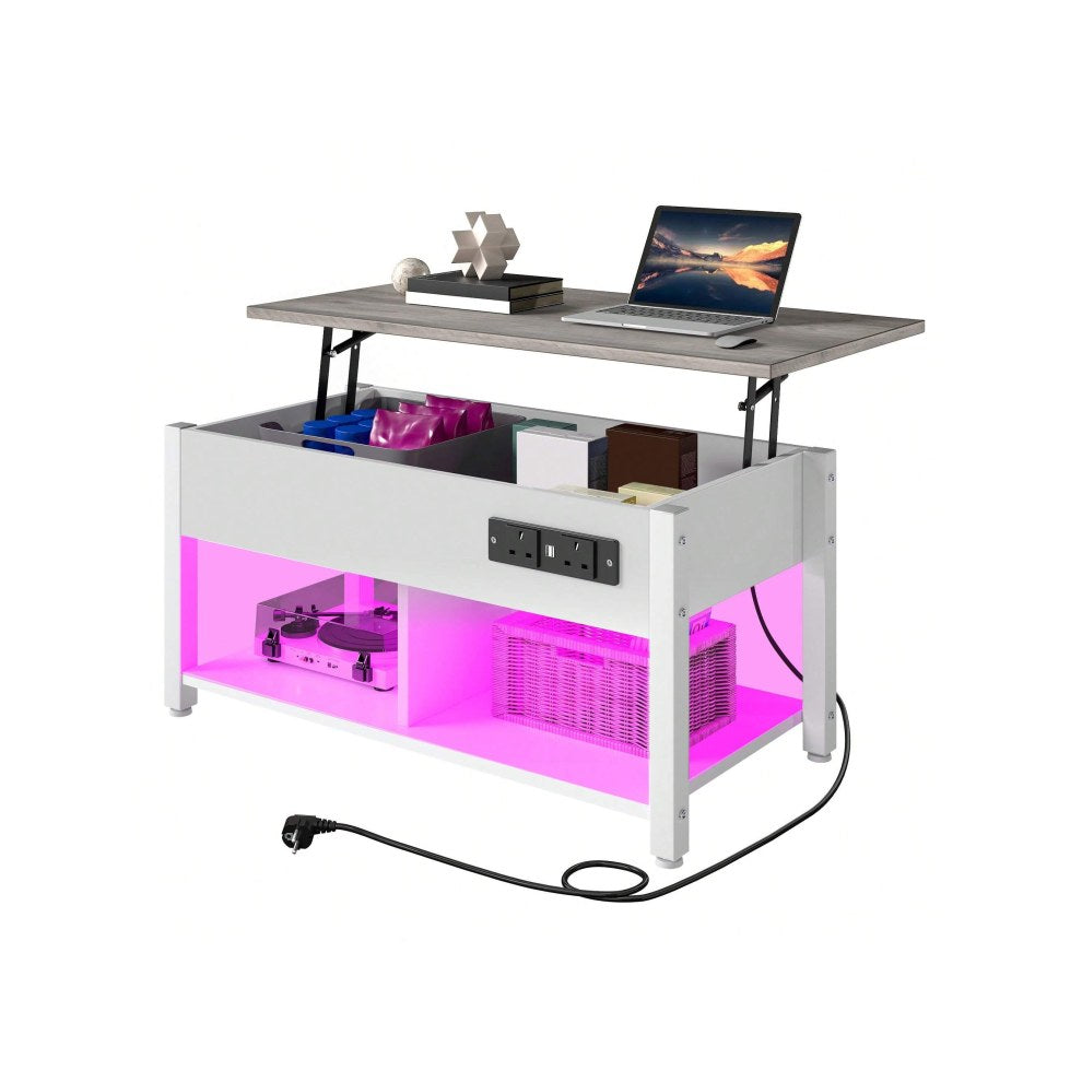 Storage coffee table with raised lift top, built-in sockets and USB ports and divided lower shelf