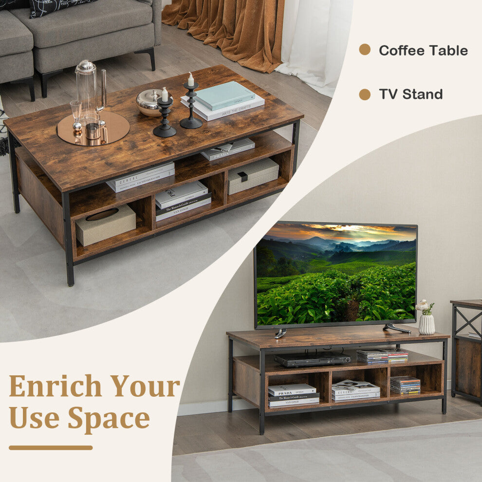 Rustic brown storage coffee table shown as a coffee table and as a low TV stand