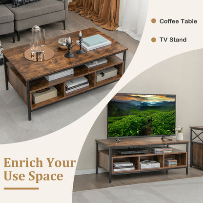 Rustic brown storage coffee table shown as a coffee table and as a low TV stand