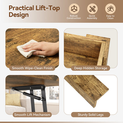 Details of storage wood coffee table: wipe-clean finish, hidden storage, gas strut lift mechanism and legs