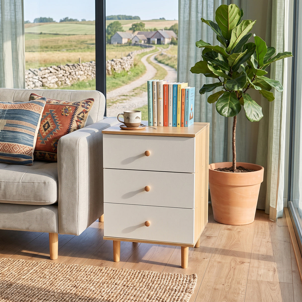 Tall side table with three white drawers beside a sofa
