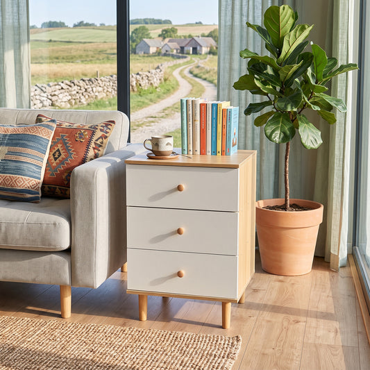 Tall side table with three white drawers beside a sofa