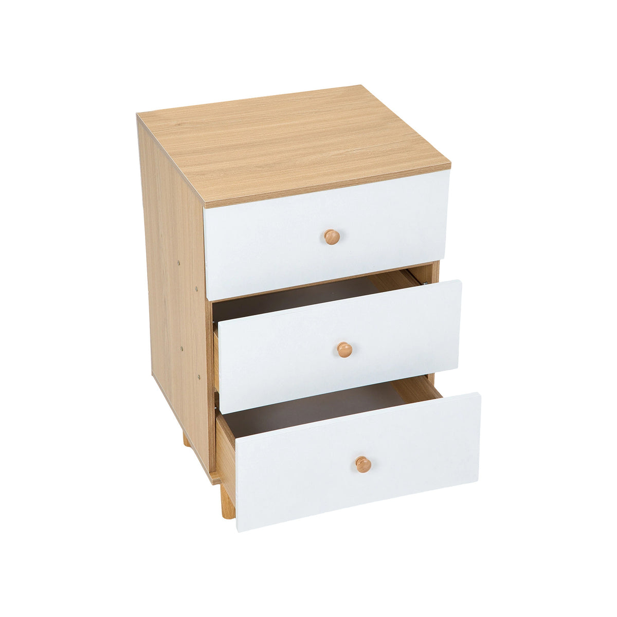 Tall side table with two drawers pulled open on a plain background