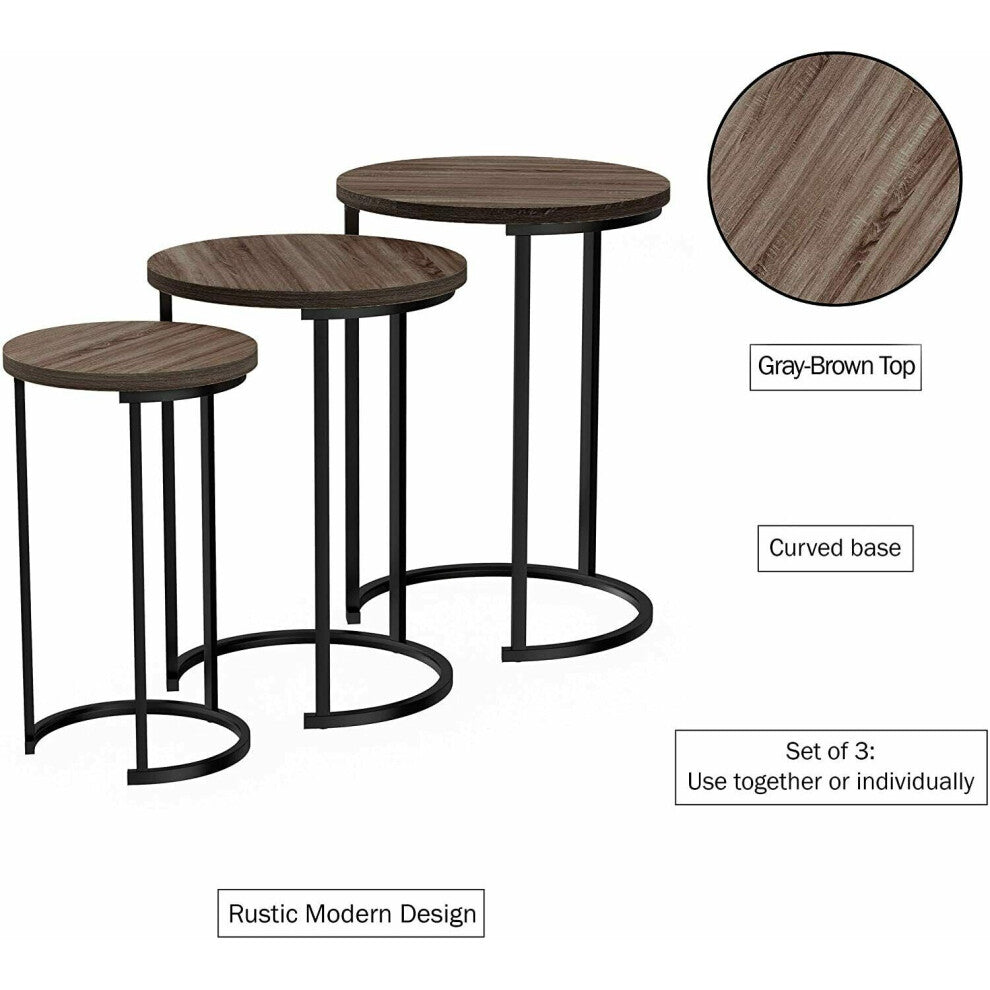 Three round nesting side tables with grey-brown wood-effect tops and curved black bases