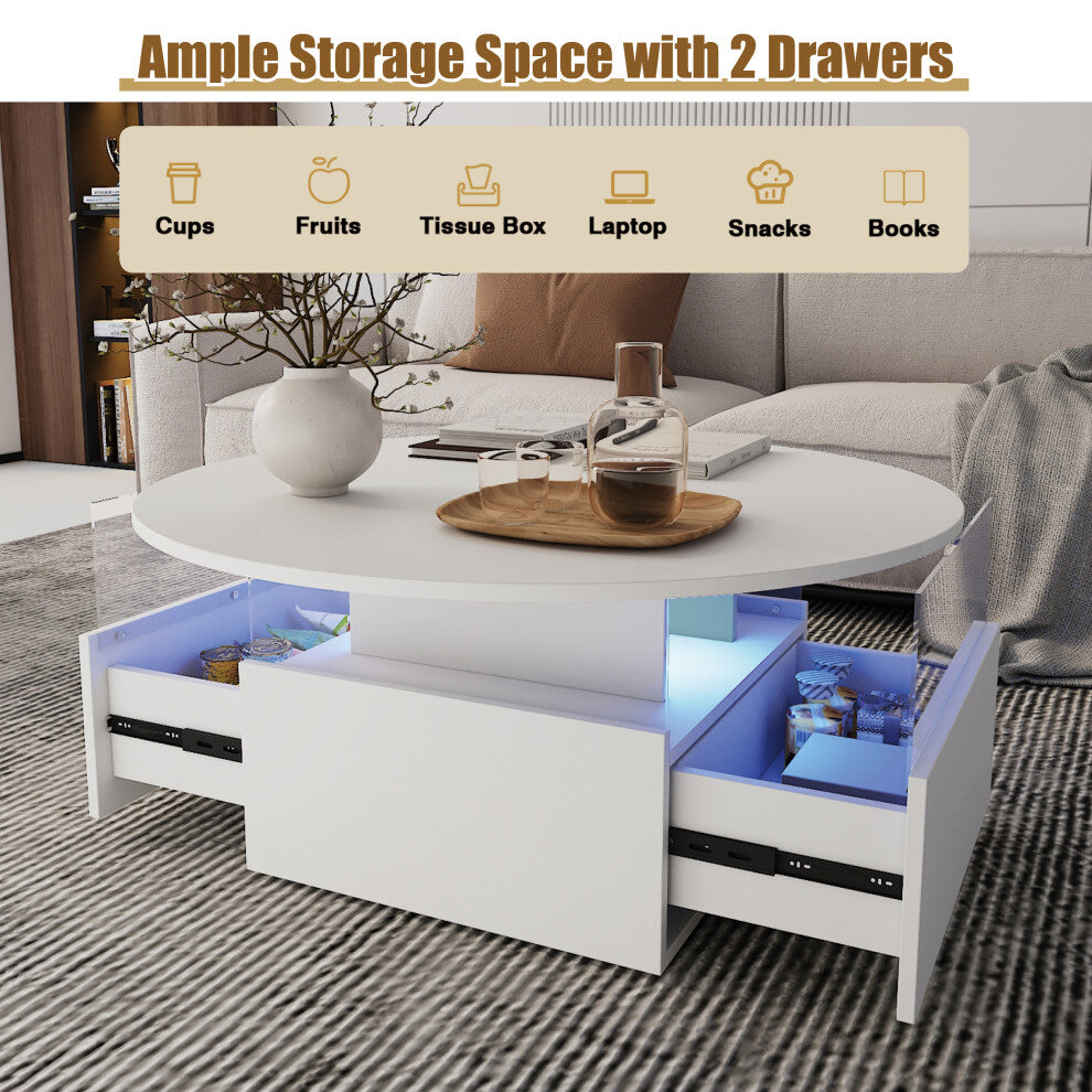 Two side-opening drawers in white round storage coffee table holding snacks and jars
