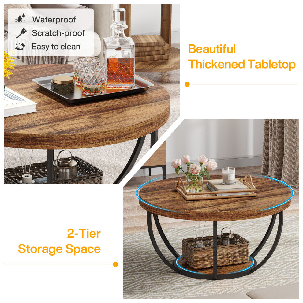 Two-tier brown circular coffee table with storage shelf holding a wicker basket