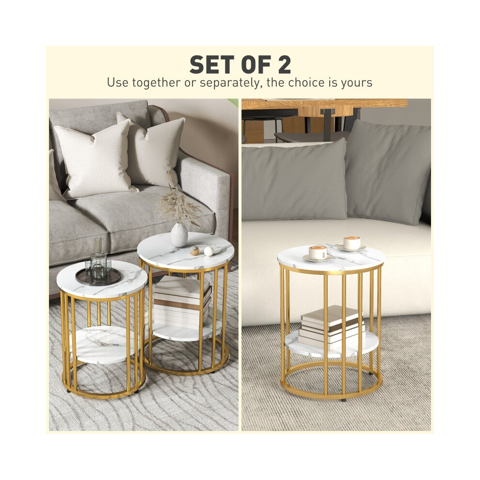 Two white and gold round side tables used together and separately